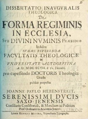 Dissertatio Inauguralis Theologica De Forma Regiminis In Ecclesia