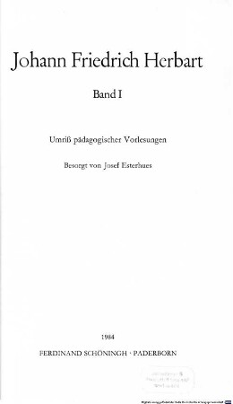 Johann Friedrich Herbart, 1. Umriß pädagogischer Vorlesungen