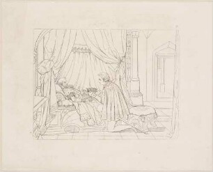Zu Shakespeares "König Heinrich IV.", Teil 2, Blatt 12, 4. Akt, 4. Szene: Prinz Heinrich auf Knien reicht dem im Bett liegenden König die Krone
