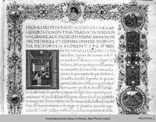 Leonardo Bruni: Historia Fiorentina : Buchseite mit Text, Bordüren, figürlichen Medaillons sowie historisierter Initiale M(olto)