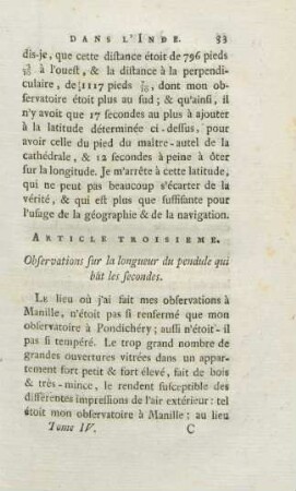 Article troisieme. Observations sur la longueur du pendule qui bat les secondes