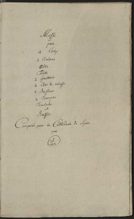 Messe pour 4 Voix, 2 Violons, Alto, Flûte, 2 Hautbois, 2 Cors de Chasse, 2 Bassons, 2 Trompes, Timbales et Basses. Composée pour la Cathédrale de Spire par B... 1834. [Titelblatt] (Manuskripttitel) : Messe [V (4), orch; C-Dur] ; No. 16. Messe in C von Boyé. Partitur. [Umschlagtitel, aufgeklebtes Etikett]