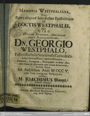 Memoria Westphaliana, Sive Breve aliqod Schediasma Epistolicum De Doctis Westphalis