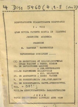 Disputationum dialecticarum disputatio I - VIII