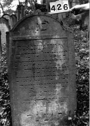 Grabstein 426 (Index: 99803690) Material: Sandstein Zustand: leicht verwittert Maße HxBxT: 120x61x13 cm Beschreibung: Stele mit Karniesbogen und profiliert. Rand, Giebelfeld: Grabstein 426