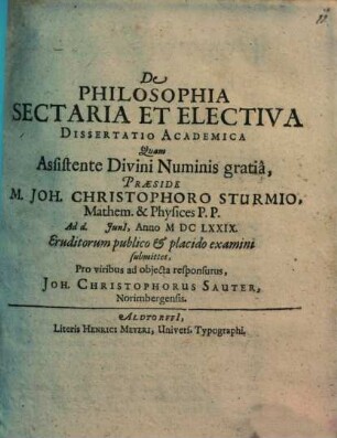 De Philosophia Sectaria Et Electiva Dissertatio Academica