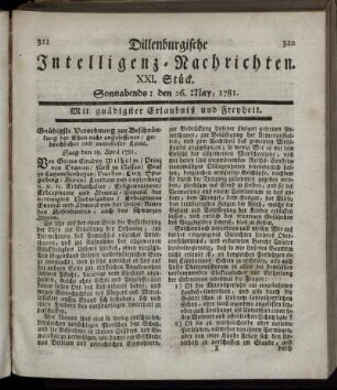 XXI. Stück. Sonnabends: den 26. May 1781.