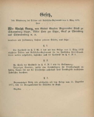 Gesetz, betr. Abänderung des Diäten- und Reisekosten-Reglements vom 5. März 1872
