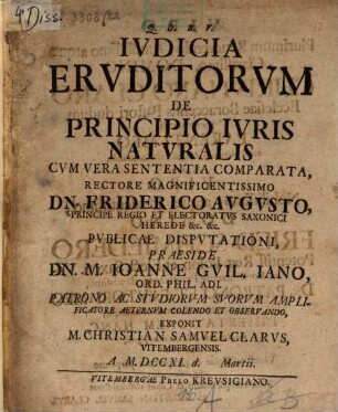 Ivdicia Ervditorvm De Principio Ivris Natvralis : Cvm Vera Sententia Comparata