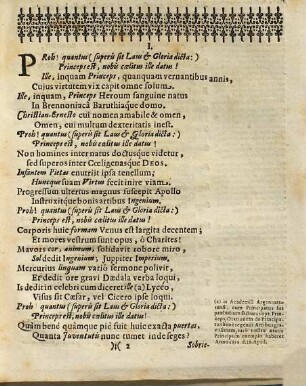 Xaipe Serenissimo Principi Ac Domino Domino Christiano Ernesto Marchioni Brandenburgico celsissimo Narisciae Principe Florentissimo Patriae Patri Clementissimo ex Galliâ, Hispaniâ, Italiâ, Belgiô & caeteris Europae Provincijs in patriam ...
