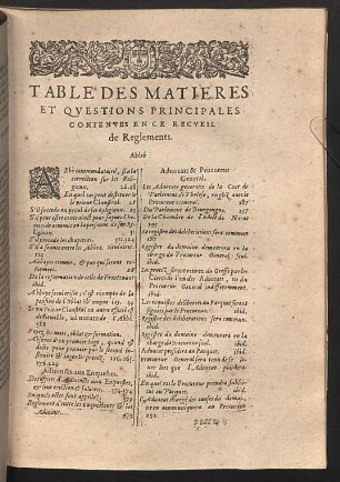 Table des matieres et questions principales contenues en ce recueil de reglements.