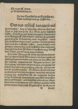 Marggraff Hans zu Brandenburg etc. An den Churfürsten zu Sachssen etc. ...
