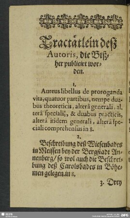 Tractätlein deß Autoris, die Bißher publicirt worden