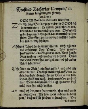 Trostlied Zachariae Kempen / in seinen langwirigen Creutz.