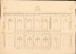 Villa an der Schubraallee, Kairo Umbau: Entwurfsvariante der Pilaster im 2.Obergeschoss, Aufriss Eingangsseite