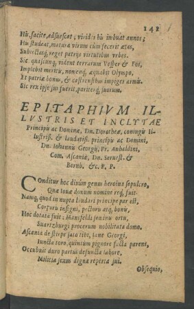 Epitaphium Illustris Et Inclytae Principis ac Dominae, Dn. Dorotheae, coniugis ... Dn. Iohannis Georgii, Pr. Anhaldini ...