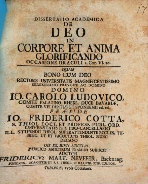Diss. acad. de Deo in corpore et anima glorificando : occasione oraculi I. Cor. VI, 20.