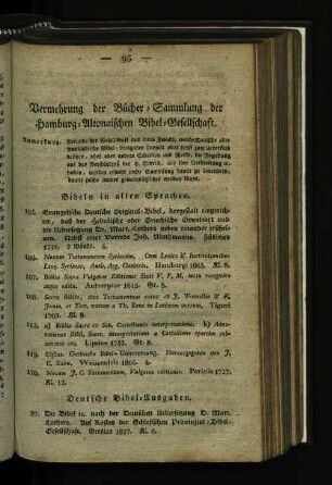 Vermehrung der Bücher-Sammlung der Hamburg-Altonaischen Bibel-Gesellschaft.