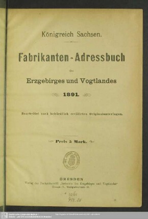 1891: Fabrikanten-Adressbuch des Erzgebirges und Vogtlandes