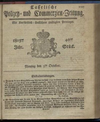 40tes Stueck, Montag den 3ten October 1803