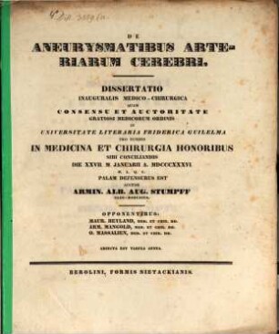 De aneurysmatibus arteriarum cerebri : Dissertatio inauguralis medico-chirurgica