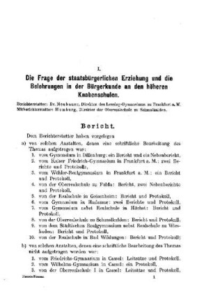 Die Frage der staatsbürgerlichen Erziehung und die Belehrungen in der Bürgerkunde an den höheren Knabenschulen : [Bericht]