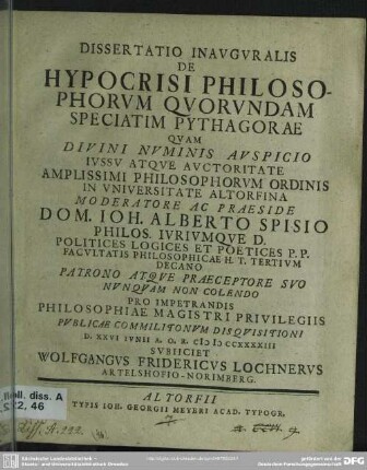 Dissertatio Inauguralis De Hypocrisi Philosophorum Quorundam Speciatim Pythagorae