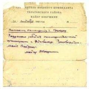Bescheinigung der Sowjetischen Militärkommandantur (in russischer Sprache)