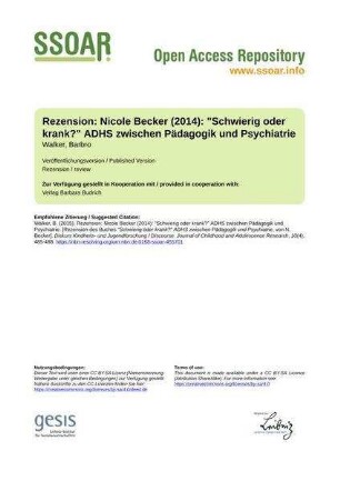 Rezension: Nicole Becker (2014): "Schwierig oder krank?" ADHS zwischen Pädagogik und Psychiatrie