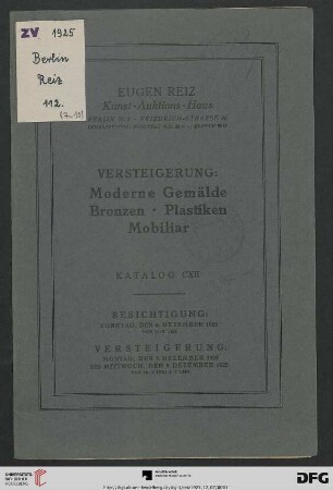 Versteigerung: moderne Gemälde, Bronzen, Plastiken, Mobiliar : Versteigerung 7. bis 9. Dezember 1925 (Katalog Nr. 112)
