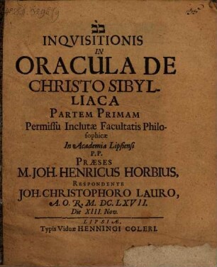 Inquisitionis in oracula de Christo sibylliaca pars I.