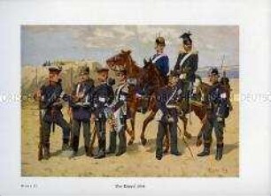 Uniformdarstellung, Infanteristen, Kavalleristen und Artilleristen verschiedener deutscher Staaten, 1864.