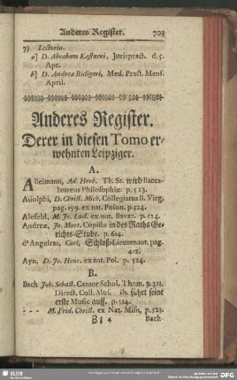 Anderes Register. Derer in diesen Tomo erwehnten Leipziger