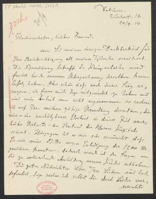 Brief an B. Schott's Söhne : 20.09.1914