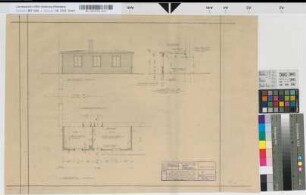 Bahnhof Dahlhausen: Anbau eines Werkmeister- und Ersatzteillagerraumes: Ansicht, Grundriß, Schnitt [Abgelegt in Mappe: "Entwürfe von Th V", Beschriftung Deutsch/Englisch], M. 1:50 Hgl, Sknr.: 4, Fanr.: 12