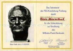 Dankurkunde für die Unterstützung bei der Errichtung des Wilhelm-Pieck-Denkmals