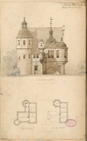 Parkeingang Monatskonkurrenz Oktober 1883: Grundriss Obergeschoss, Dachgeschoss, Aufriss Seitenansicht