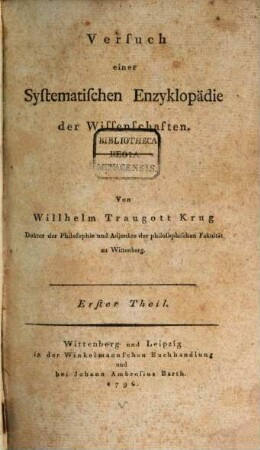 Versuch einer systematischen Enzyklopaedie der Wissenschaften. 1