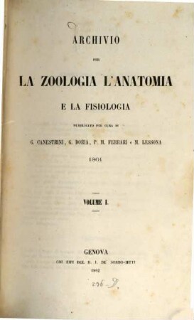 Archivio per la zoologia, l'anatomia e la fisiologia. 1. 1861 (1862)