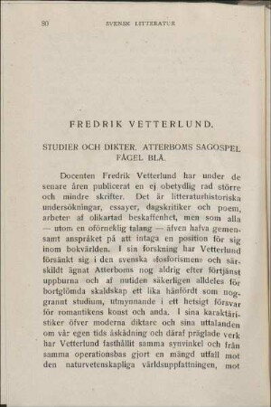 Fredrik Vetterlund. Studier Och Dikter. Atterboms Sagospel Fågel Blå.
