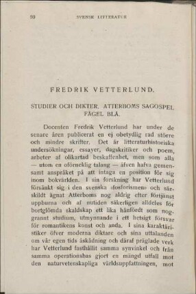 Fredrik Vetterlund. Studier Och Dikter. Atterboms Sagospel Fågel Blå.