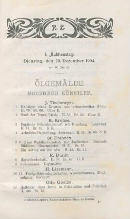 I. Auktionstag: Dienstag, den 20. Dezember 1904, von 10 Uhr ab