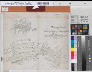 Borgholzhausen (Borgholzhausen) Teilung der Kaninchen- und Meierwischheide, auch der Barnhauser Masch 1776 o.M. 33,5 x 39,5 kol. Zeichnung C. L. Reinhold Spez.Verz. Markenkarten X Nr. 5