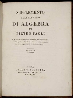 Suppl.: Elementi d'Algebra. Supplemento