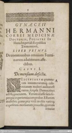 Liber Primus. De communibus omnium Foeminarum adultorum affectibus