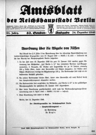 52. Sonder-Ausgabe, 24. Dezember 1940
