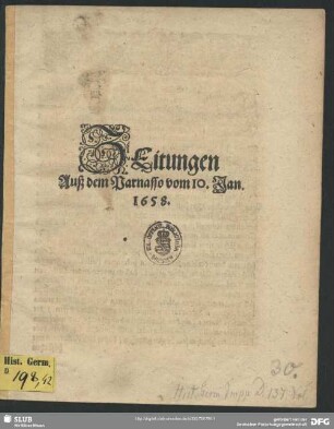 Zeitungen Auß dem Parnasso vom 10. Jan. 1658