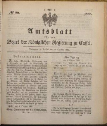 № 80. Ausgegeben zu Cassel am 23. October 1867.