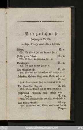 Verzeichniß derjenigen Lieder, welche Kirchenmelodien haben.