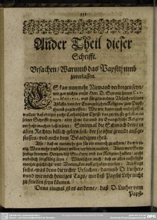 Ander Theil dieser Schrifft. Ursachen, Warumb das Papstthumb zuverlassen